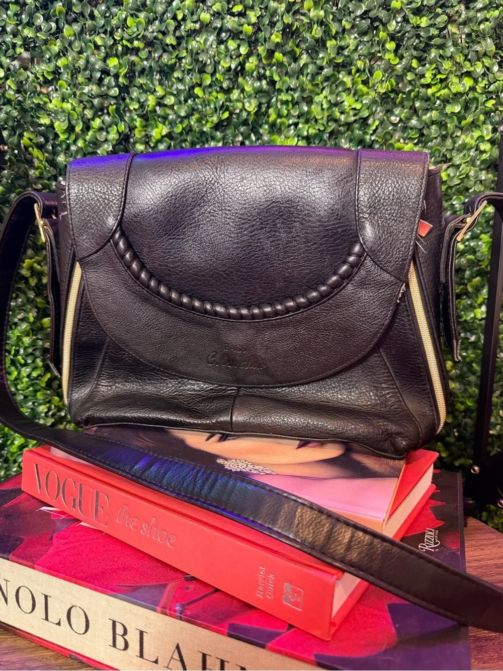 C Osvaldo Classic Black Leather Crossbody Bag with Braided Detail